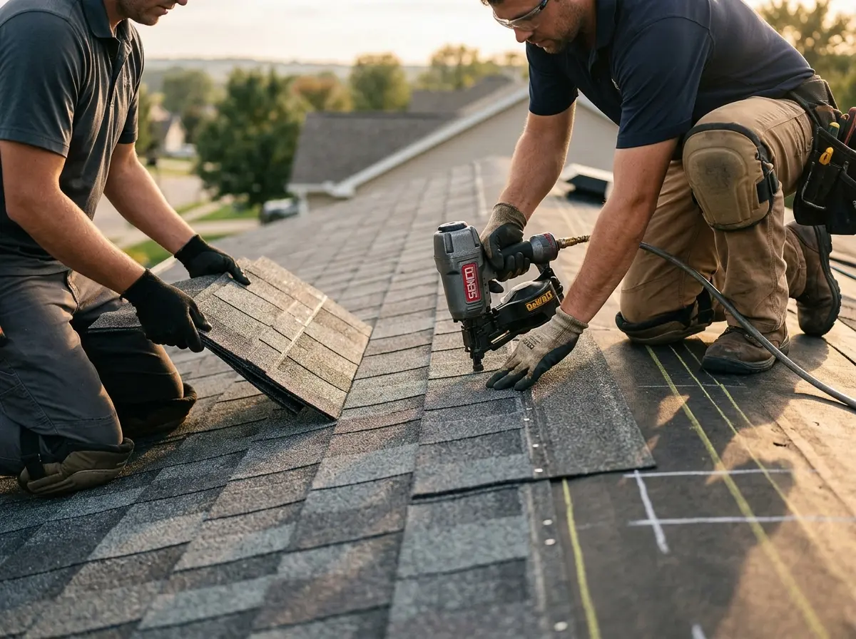Professional roofer working on a residential roof in West Manheim